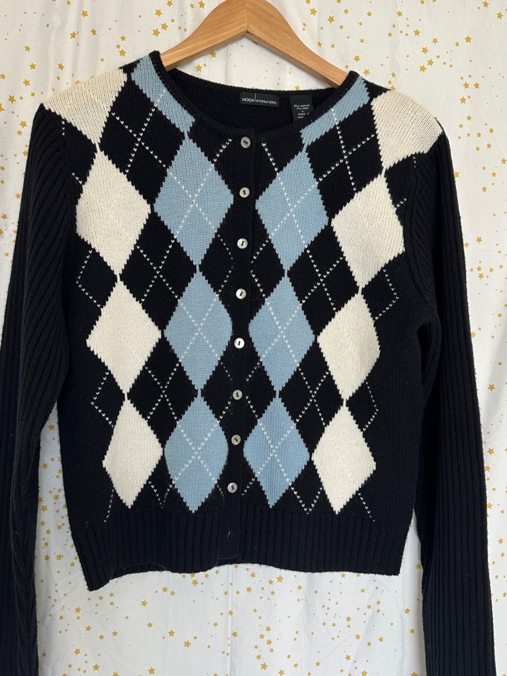 Moda International Black Argyle Cardigan with Light Blue & Cream Diamonds